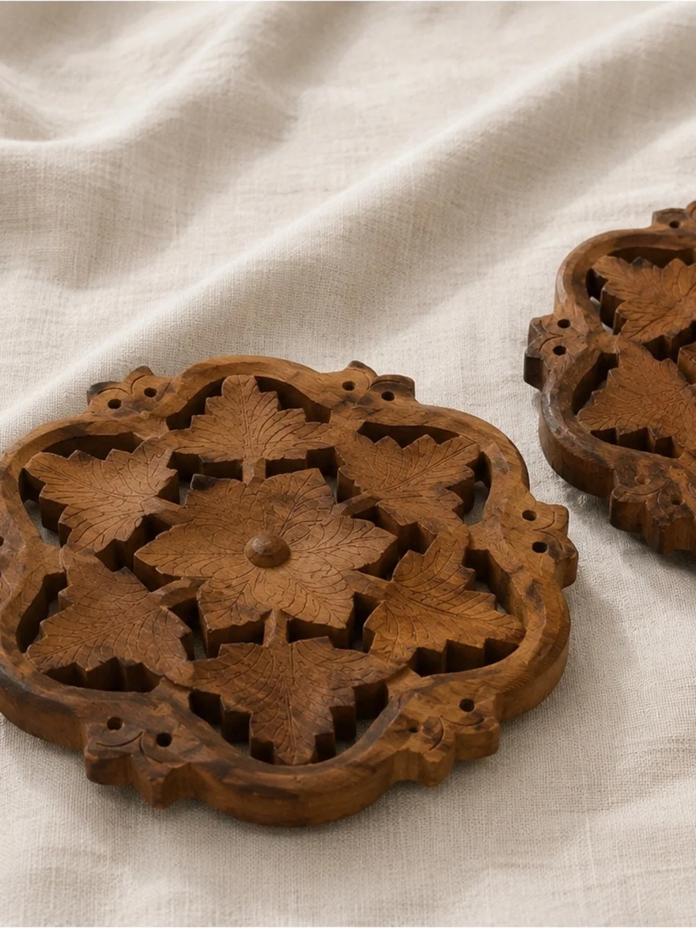 Vintage Teak Wood Hand Carved Trivet Set of 2 Made in India Floral Boho Decor
